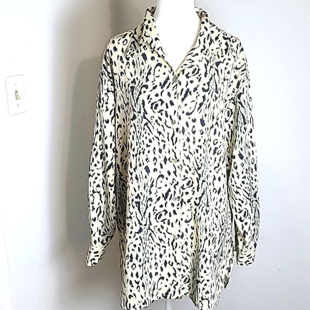 Style Exchange Longsleeve Buttondown Blouse,Beige Black,Gray Animal Print, Large